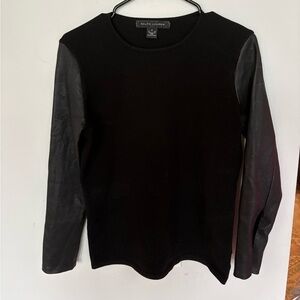 Ralph Lauren Leather Sleeve Black Knit Top Quiet Luxury Old Money Size M